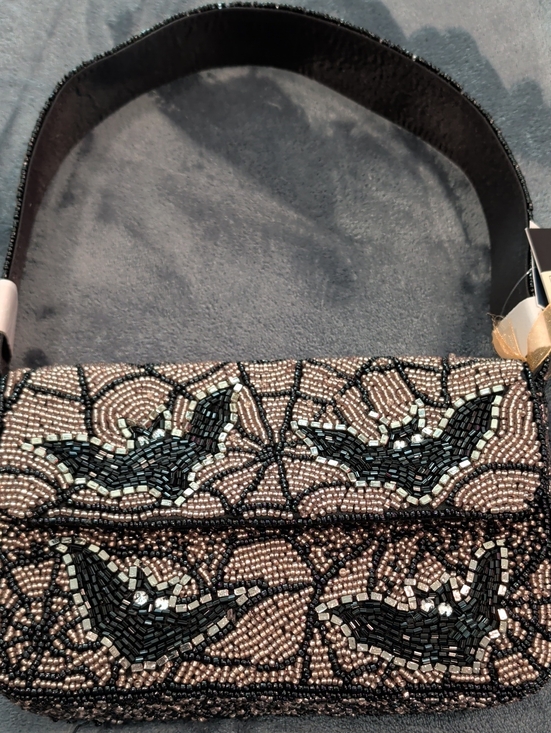 Handbags - Embellished Beaded Black and Gold Bat And Spider Web Shoulder Bag